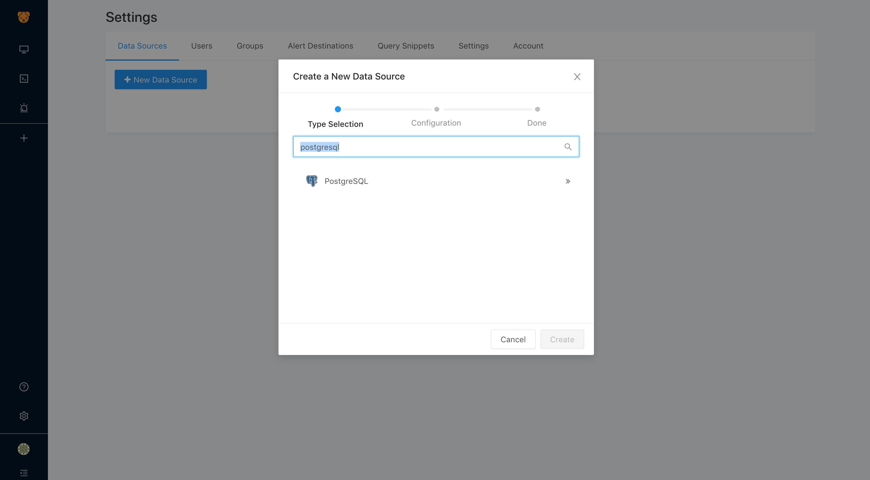 Create PostgreSQL as a new Data Source